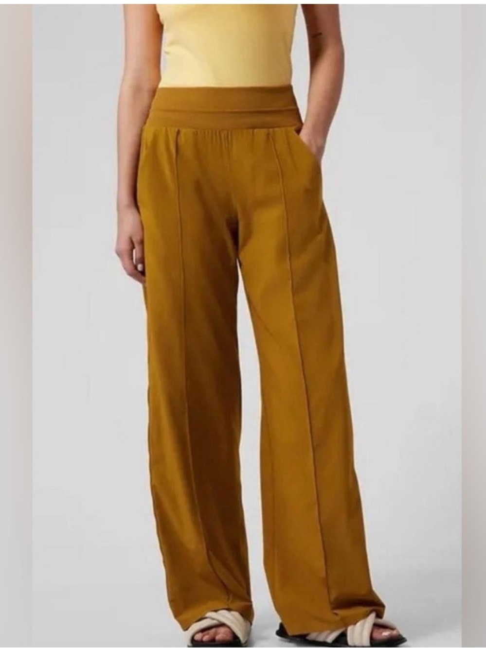 Athleta Nolita Wide Leg Pants Mustard Gold High Rise Stretch Pants Womens Size 2